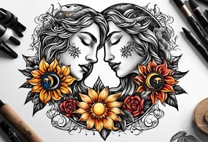 Twin flame with sun and moon tattoo idea