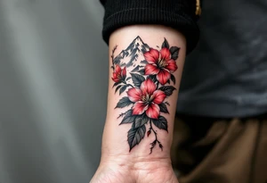 wrap around entire wrist red  and black rhododendron trippy with Himalayas behind tattoo idea