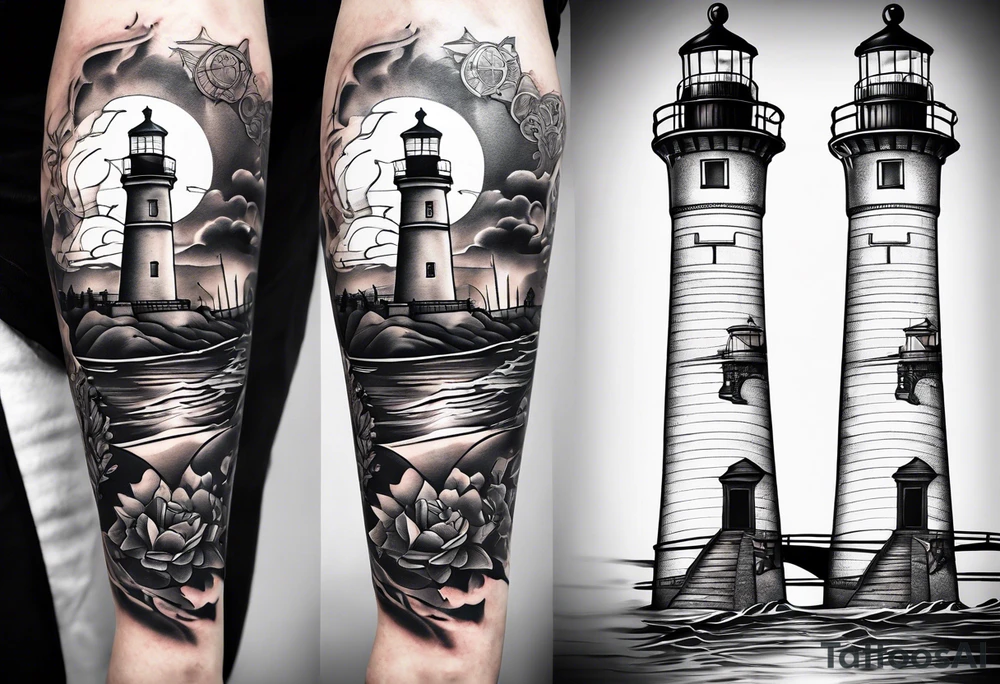 Leg Sleeve with a bridge , lighthouse , binoculars , puzzle pieces , and quote tattoo idea