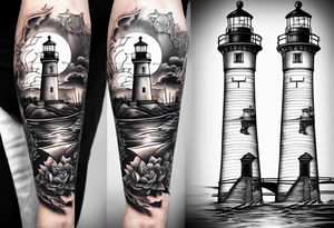 Leg Sleeve with a bridge , lighthouse , binoculars , puzzle pieces , and quote tattoo idea