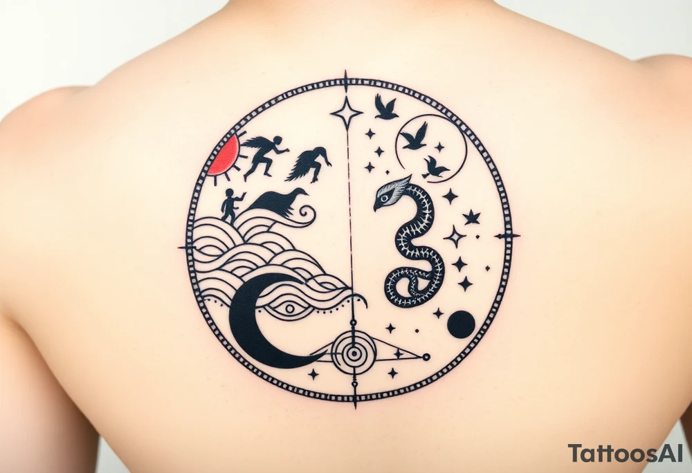 Circular Greek meander tattoo design for forearm, intricate black and red ink, symmetrical composition. Upper half (day): red sun with sharp rays, stylized running human silhouettes, geometric waves, flying birds. Lower half (night): black crescent moon, stars, ouroboros snake eating its tail, meditating figures. Hidden symbolic elements: small all-seeing eye, minimalist Tree of Life woven into the pattern. Stylized as ancient Greek pottery meets sacred geometry, high contrast line art, clean sharp lines, no shading, no background. Perfect tattoo stencil, mystical and balanced tattoo idea