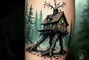Baba Yaga’s Hut – A crooked wooden hut on giant chicken legs, in desaturated browns and grays, set in a misty pine forest with eerie green lighting. tattoo idea