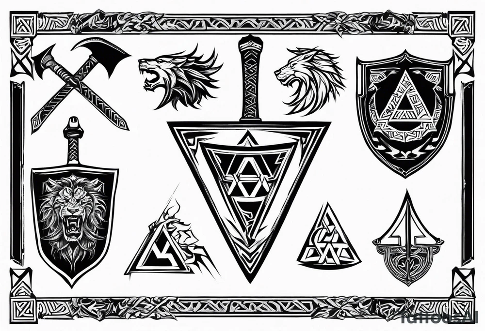 Valhalla sword shield axe Valknut dragon lion tattoo idea Valhalla sword shield axe Valknut dragon lion tattoo idea