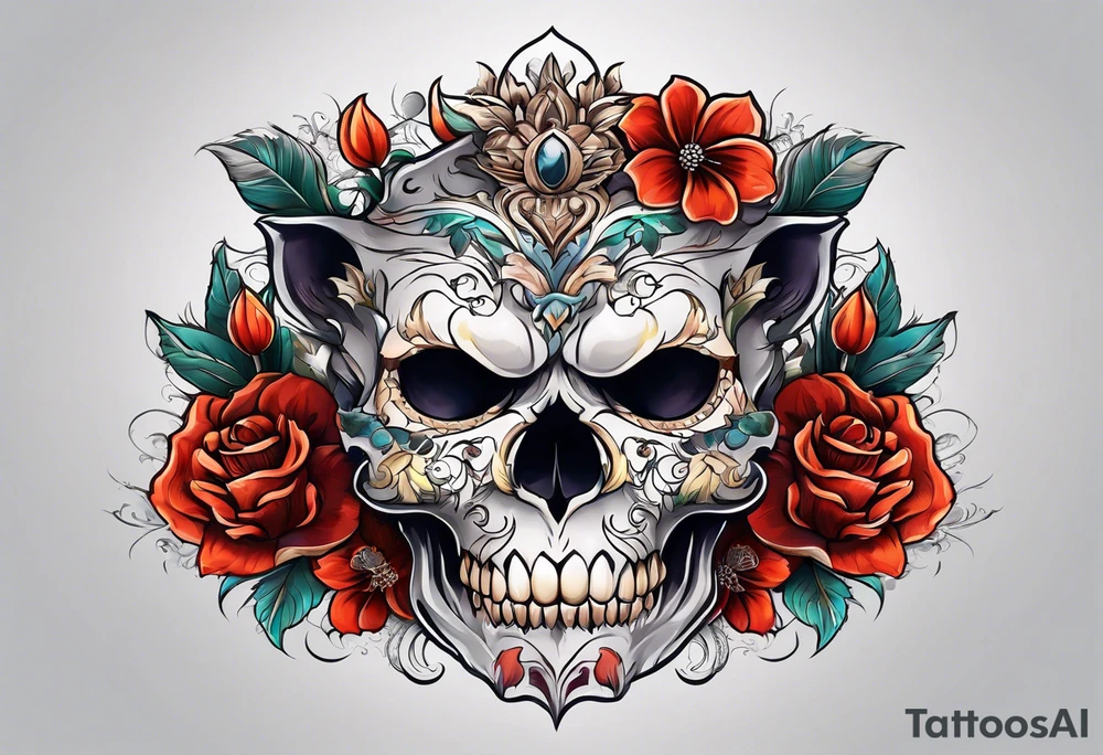 Half lion half skull,  demons, flowers tattoo idea