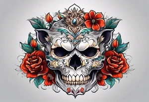 Half lion half skull,  demons, flowers tattoo idea