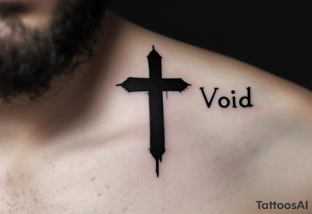 A deep black cross under a man’s eye, in simple linework, next to the word "Void" on the other side in minimal, spaced-out letters. tattoo idea