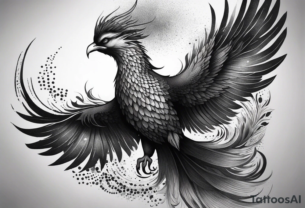 Tattoo: A powerful, majestic phoenix, depicted mid-flight or rising, with wings extended and feathers flowing. Deep shading and intricate details to bring out the texture and motion of the feathers. tattoo idea