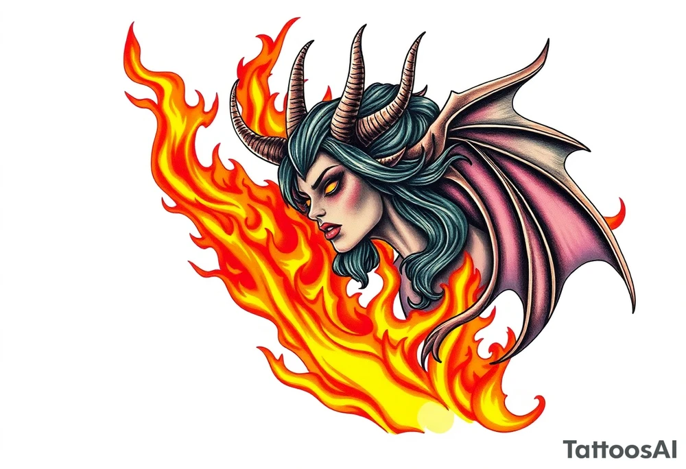 Female demon in the flame tattoo idea