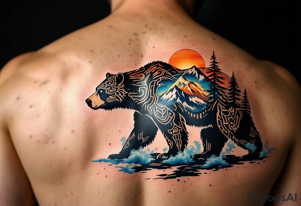 A powerful, majestic bear tattoo with a deep black and brown color palette. The bear is depicted in a standing position, symbolizing strength and protection, with intricate tribal patterns subtly etched along its body, representing its spiritual connection to the earth. TAround the bear, mountain peaks and pine trees form a natural, serene backdrop, while delicate blue mist rises from the ground, tattoo idea