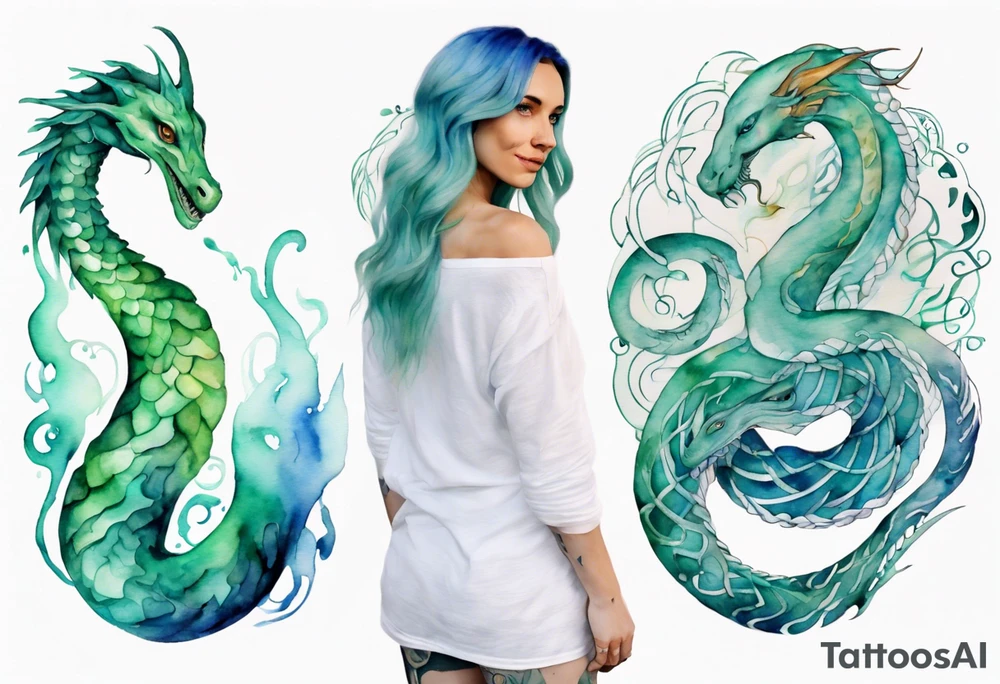 a watercolor sea serpent next to a women with blue-green hair wearing a white tunic tattoo idea