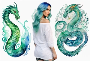 a watercolor sea serpent next to a women with blue-green hair wearing a white tunic tattoo idea