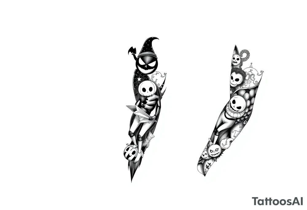 Full sleeve on leg of Halloween inspired art work tattoo idea