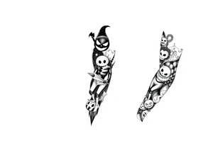 Full sleeve on leg of Halloween inspired art work tattoo idea