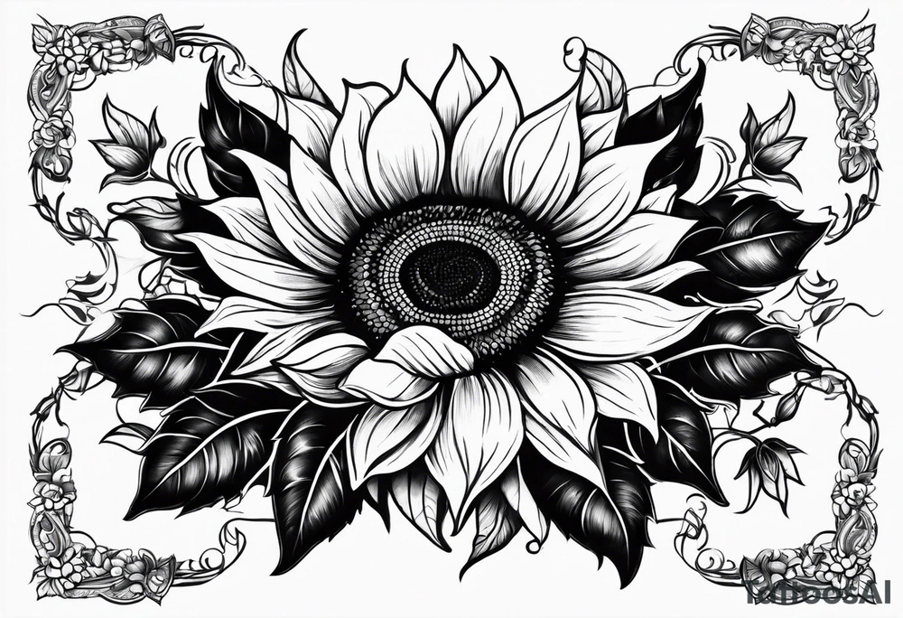 NAJE in edwardian script with symmetrical sunflowers around it tattoo idea