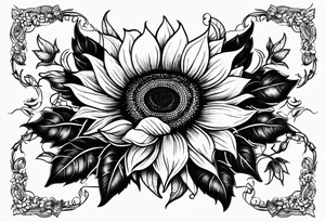 NAJE in edwardian script with symmetrical sunflowers around it tattoo idea