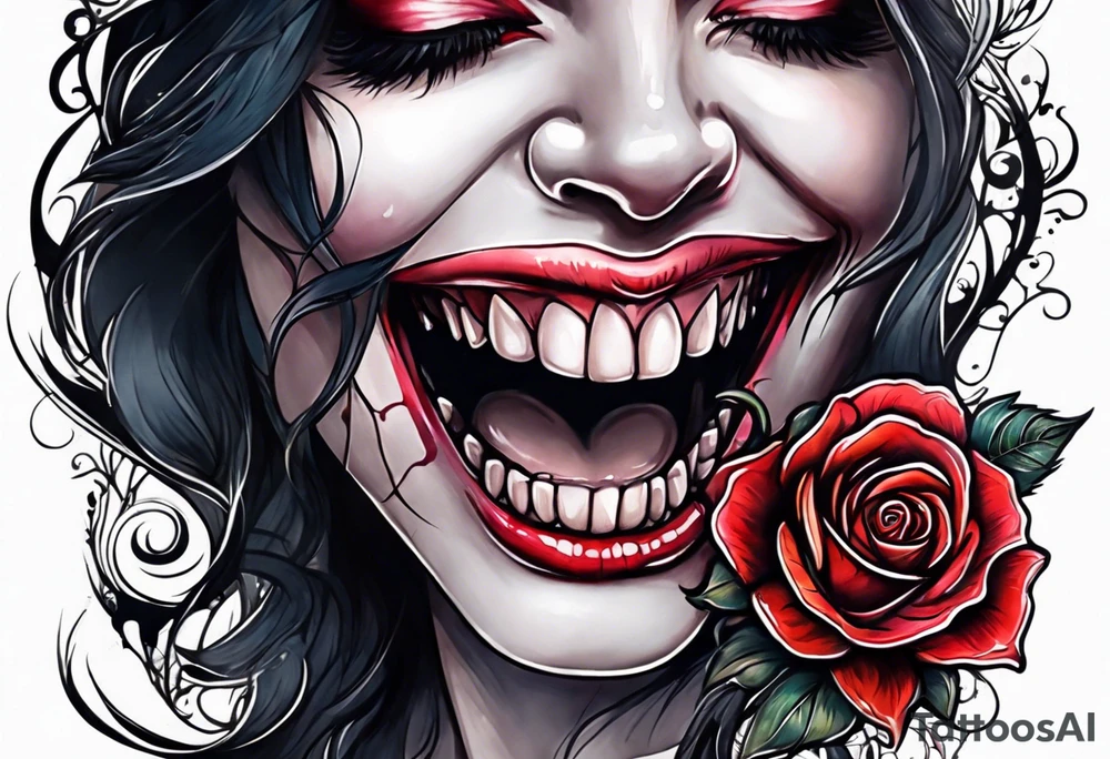 Sexy vampire mouth biting rose tattoo idea