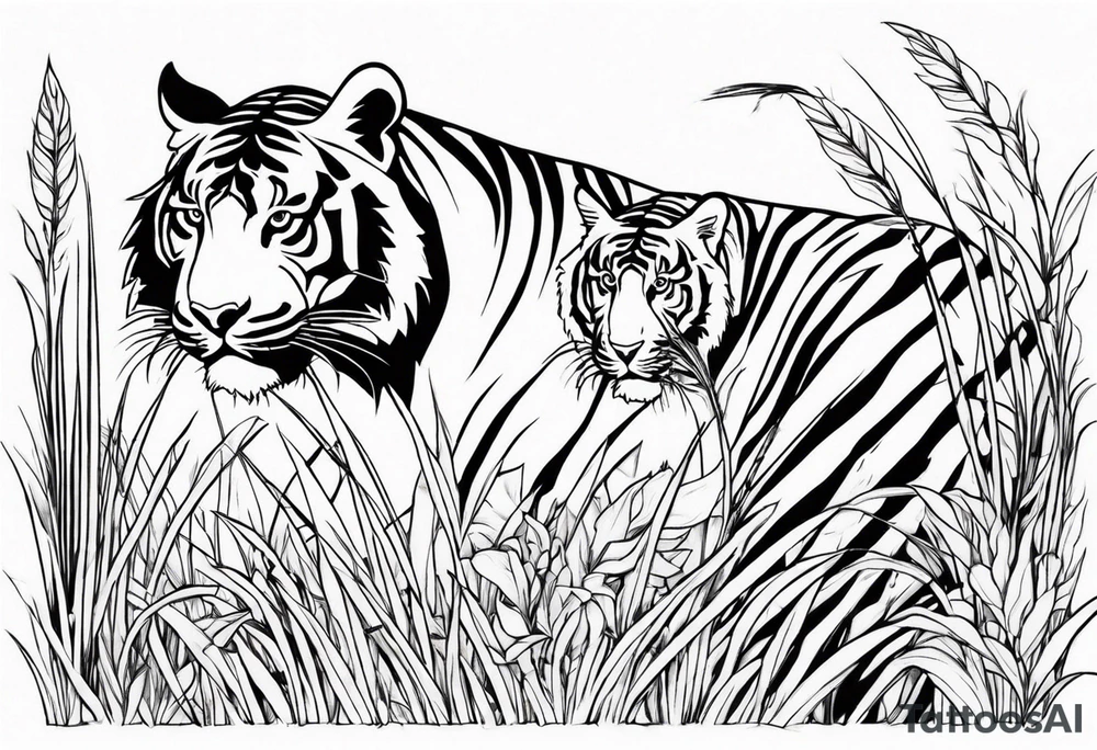 tigers stalking from behind grass tattoo idea