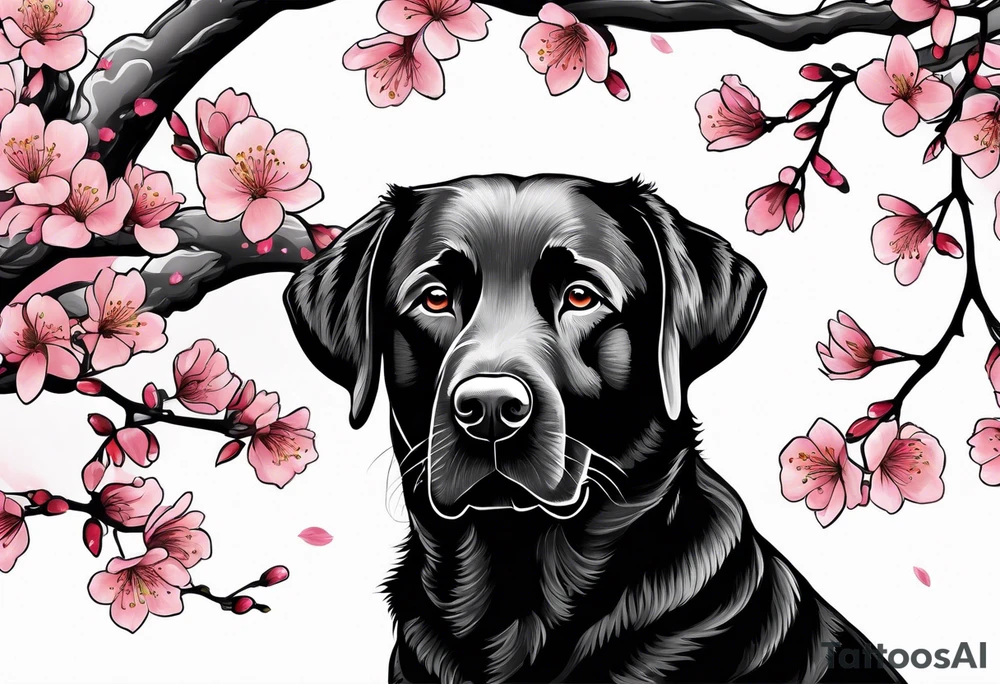 Silouhette of black lab under a cherry blossom tree bending to the right tattoo idea