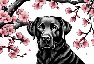 Silouhette of black lab under a cherry blossom tree bending to the right tattoo idea
