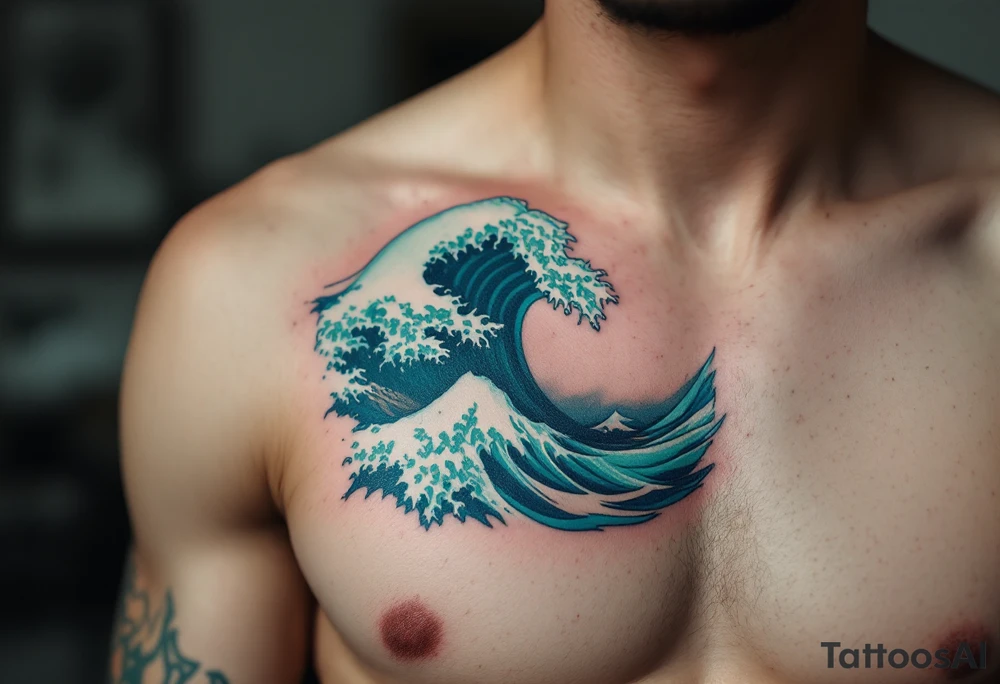 A crashing ocean wave in shades of emerald and cobalt crashes down the spine. tattoo idea
