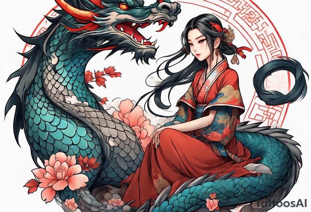 american traditional style, an anime girl sitting on a asian dragon surrounded by cloud tattoo idea