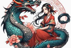 american traditional style, an anime girl sitting on a asian dragon surrounded by cloud tattoo idea