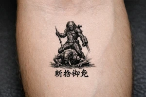 predator killing alien, alien is crawling from the ground. Predator stands up tall, driving his spear with his right hand. The predator's left shoulder has its laser gun pointed down. the Left forerarm has its famous doubled blade out. Below the image the japanese inscription for kirisute gomen tattoo idea