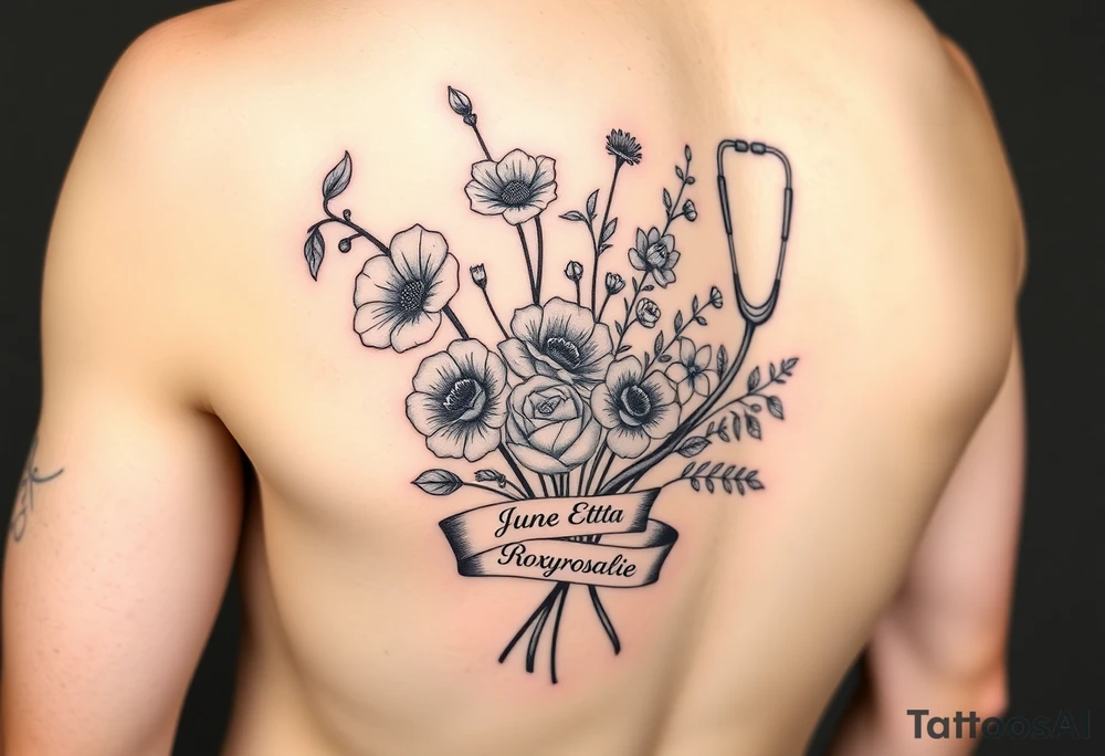 Half arm sleeve of 3 hollyhock flowers, one wild rose, 5 wild flowers in a bouquet with ribbon bow towards the bottom like the just got picked. On the ribbon include three names: June Etta, Roxy, Rosalie. Next the bouquet put a full realistic stethoscope tattoo idea
