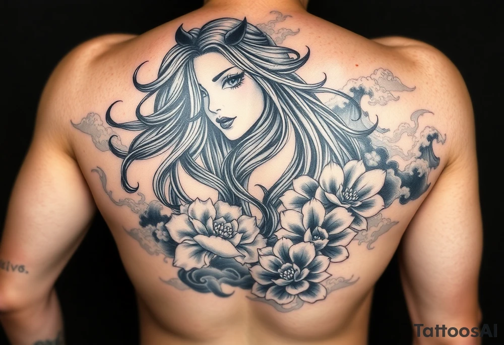 Full sleeve Japanese-inspired tattoo design featuring a beautiful female oni (demon woman) with an elegant, mysterious expression, one hand partially covering her face, long flowing hair integrated into swirling wind and wave patterns, large detailed chrysanthemums and peonies woven through the composition, dynamic negative space with bold black fills and smooth gradients, traditional Japanese cloud and water motifs, high-contrast black and grey with soft shading and sharp linework, balanced composition wrapping around the arm, style. tattoo idea