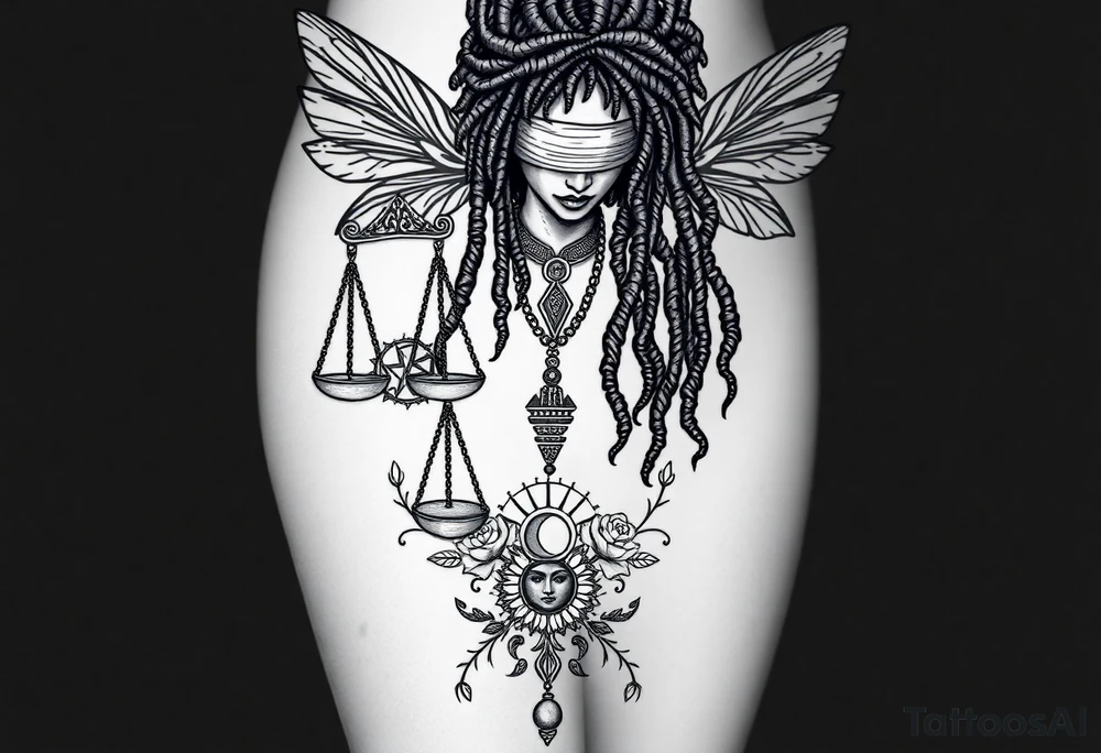 Black Sylph with dreads wearing blind fold and ankh pendant with tattoos holding weighing scales with the sun and moon rose vines surrounding and Anubis guarding tattoo idea