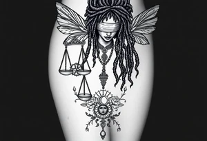 Black Sylph with dreads wearing blind fold and ankh pendant with tattoos holding weighing scales with the sun and moon rose vines surrounding and Anubis guarding tattoo idea