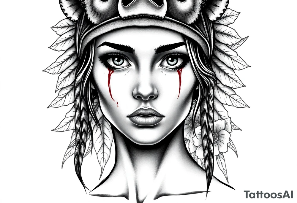 Young Symmetrical Beautiful Woman, looking forward, with colored eyes, shedding a tear, with battle scars and blood on face, with soft look, wearing a mean looking bear headdress on head, with dead flower background tattoo idea
