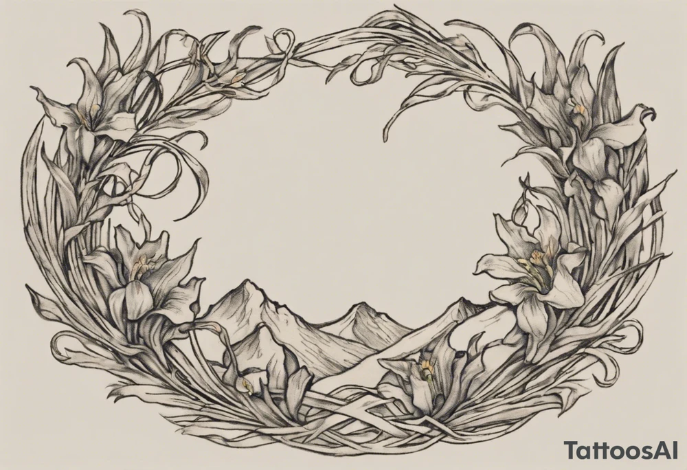 Create a small Vincent van Gogh Irises tattoo in the form of a crescent, with vines or Celtic knots gracefully intertwining at a central point in the middle of the wreath.  In the middle of the wreath are mountains and other items found in New Mexico. Ensure that the design avoids the appearance of a bush and maintains a more structured and deliberate arrangement. The intended placement is on the upper chest. The overall design should be small in size while maintaining a delicate and artistic aesthetic. Pay attention to the graceful flow of the vines and the placement of the irises to achieve a refined and elegant look. tattoo idea