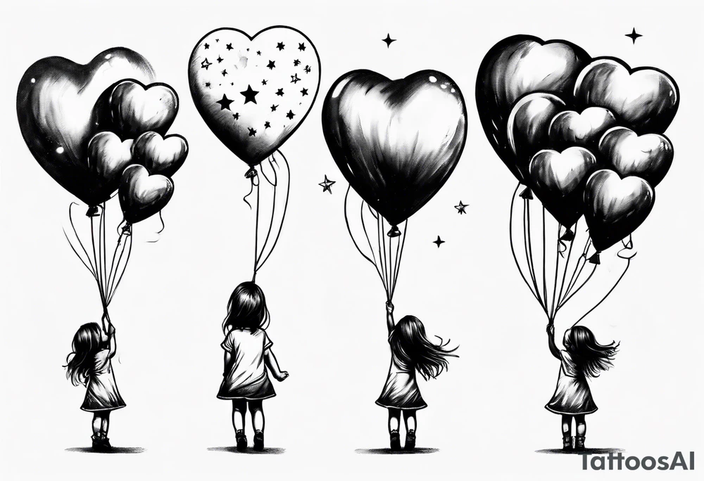 Little girl holding on to heart and star balloons and going up to the sky tattoo idea