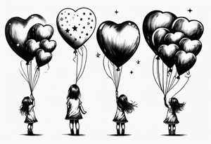 Little girl holding on to heart and star balloons and going up to the sky tattoo idea