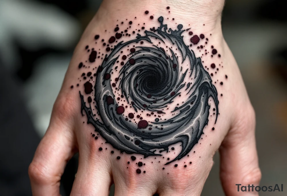 A smoke-gray spiral dissolving into specks of maroon, portraying release and change. tattoo idea