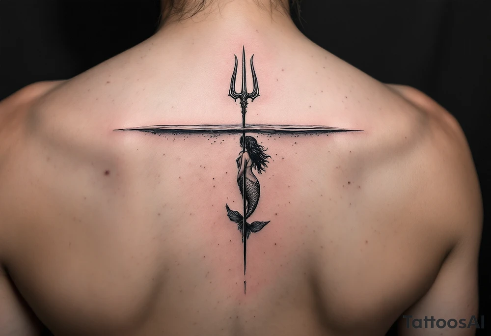 trident half way under calm water with mermaid tattoo idea