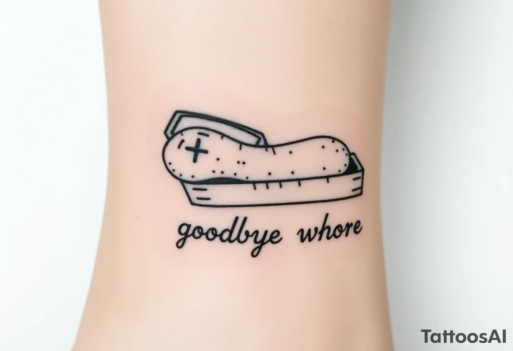 A peanut with x's for eyes laying in an open casket with the words goodbye whore tattoo idea