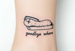 A peanut with x's for eyes laying in an open casket with the words goodbye whore tattoo idea