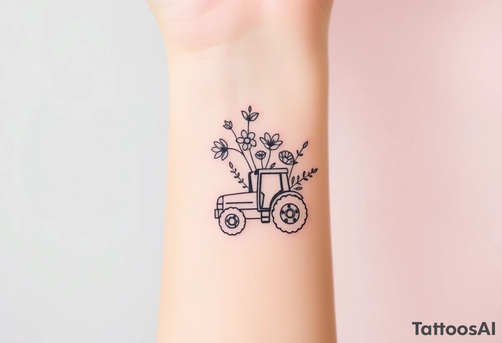 A bracelet that includes a very small tractor and bouquet flowers hippie style tattoo idea