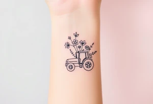 A bracelet that includes a very small tractor and bouquet flowers hippie style tattoo idea