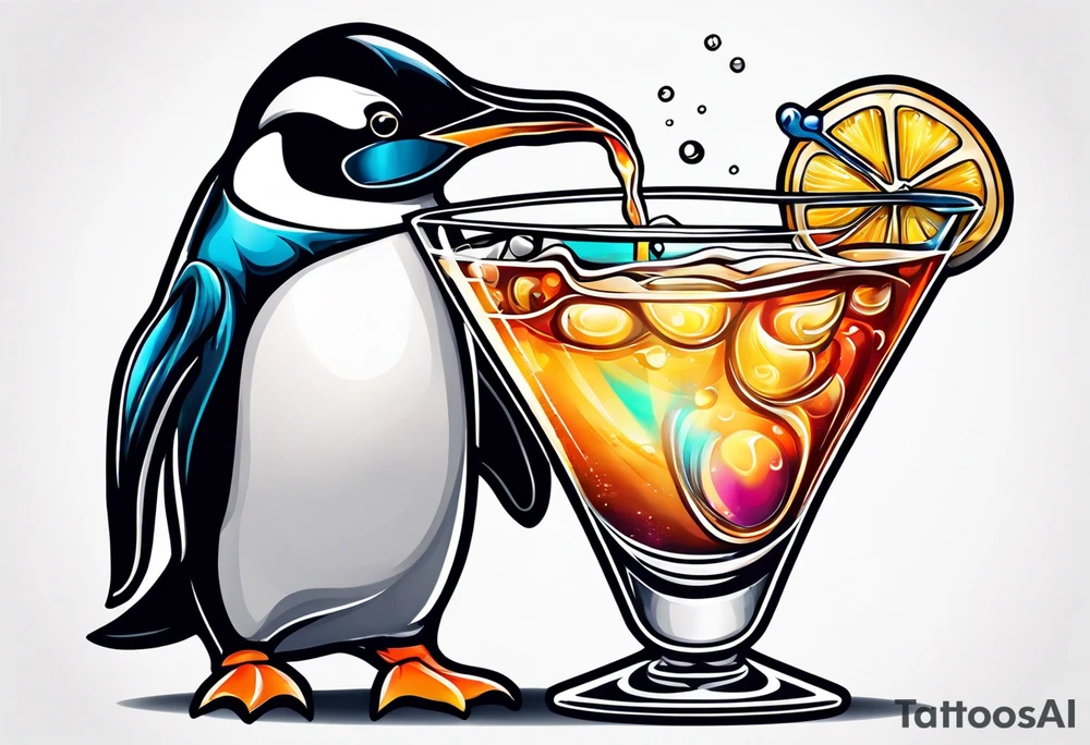 Classy penguin drinking a martini tattoo idea