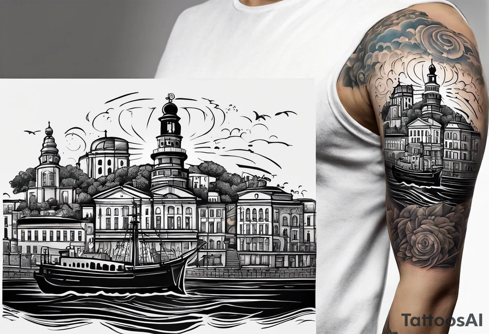 This tattoo depicts the city of Odesa. The main symbols of this city are a ship's wheel, a lighthouse, the Potemkin Stairs, the sea, the Opera House, and the cozy small streets. tattoo idea