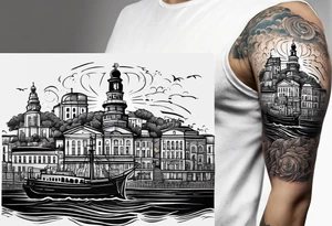This tattoo depicts the city of Odesa. The main symbols of this city are a ship's wheel, a lighthouse, the Potemkin Stairs, the sea, the Opera House, and the cozy small streets. tattoo idea