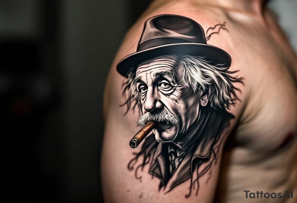 Albert einstein smoking a cigar with a hat on backwards tattoo idea