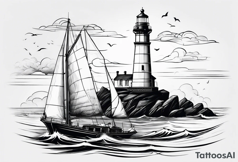phare maritime sur un petit bateau a voiles. tattoo idea