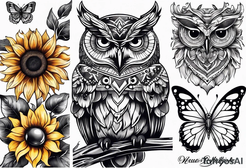 Owl, butterfly and sunflower are sleeve tattoo idea