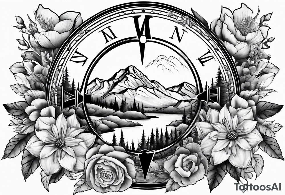 Compass mountains flowers tattoo idea