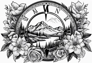Compass mountains flowers tattoo idea