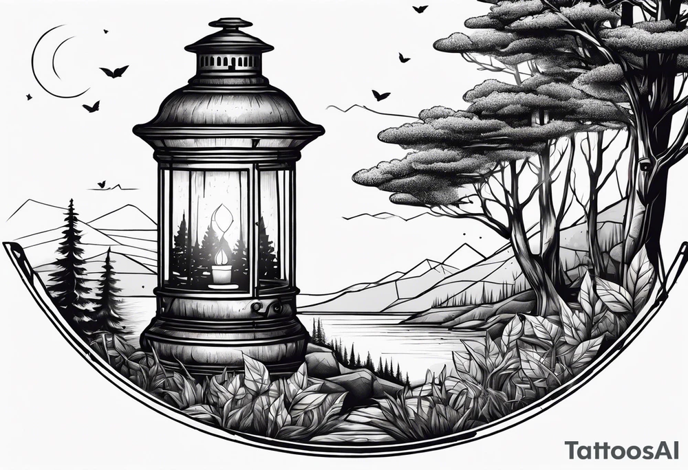 vintage lantern with a forest inside tattoo idea